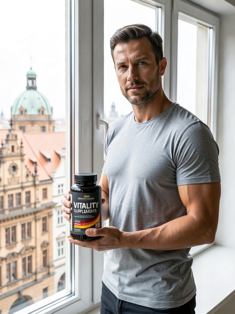 Mann hält VitalMänner Produkt